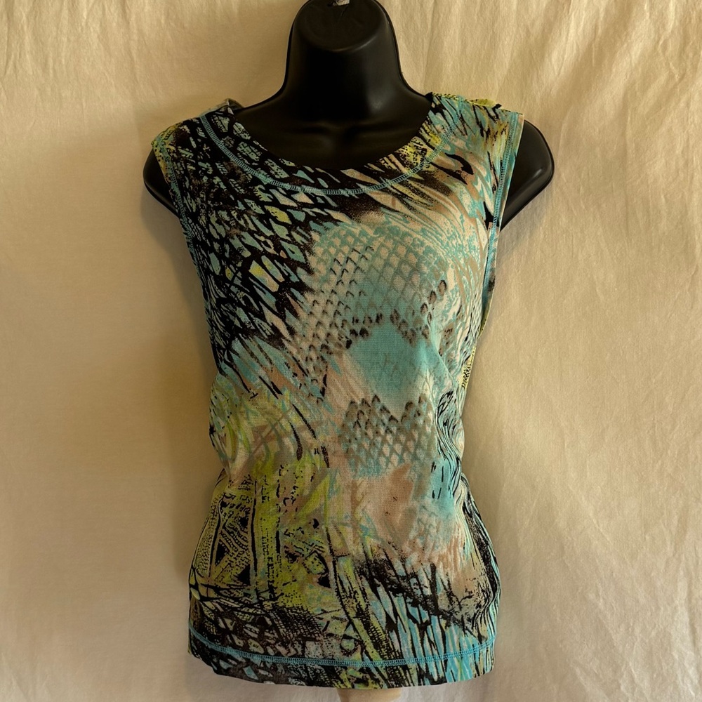 D-56 Laura Ashley PLUS SIZE‎ 1X Blue & Brown Lined Sleeveless Pullover Blouse